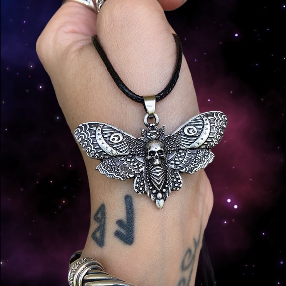 Moth with moon and skull design pewter necklace on leather cord boho goth - Picture 3 of 15